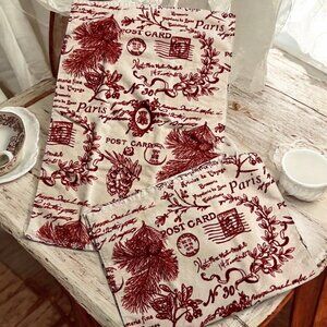 2 Pottery Barn Red & Cream French Country Postcard Print Cotton Towels